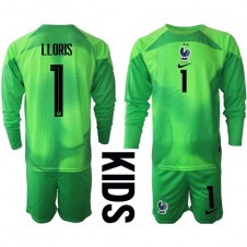 Frankrike Hugo Lloris #1 Målvakt Bortaställ Barn VM 2022 Långa ärmar (+ Korta byxor)
